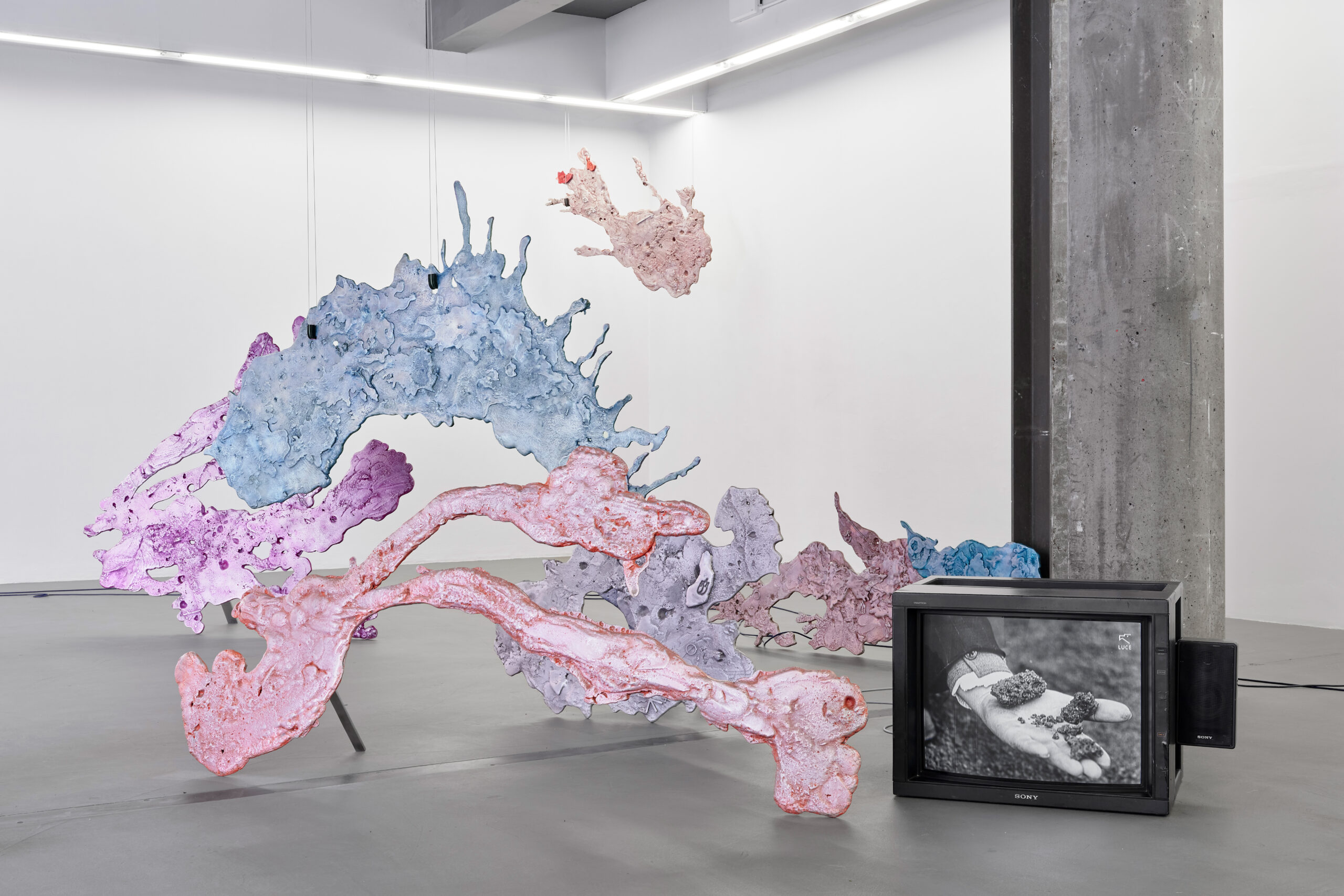Rebecca Moccia, Nostalgism. Installation view, Temple Bar Gallery and Studios, 2026. Photography by Ros Kavanagh. Rebecca Moccia, Ancestors Syndrome, 2025. Patinated aluminium. Dimensions variable. Courtesy of the artist and Mazzoleni. Rebecca Moccia, Nostalgism, 2026. Multi-channel video with sound. Format, duration and dimensions variable. Courtesy of the artist and Careof.
